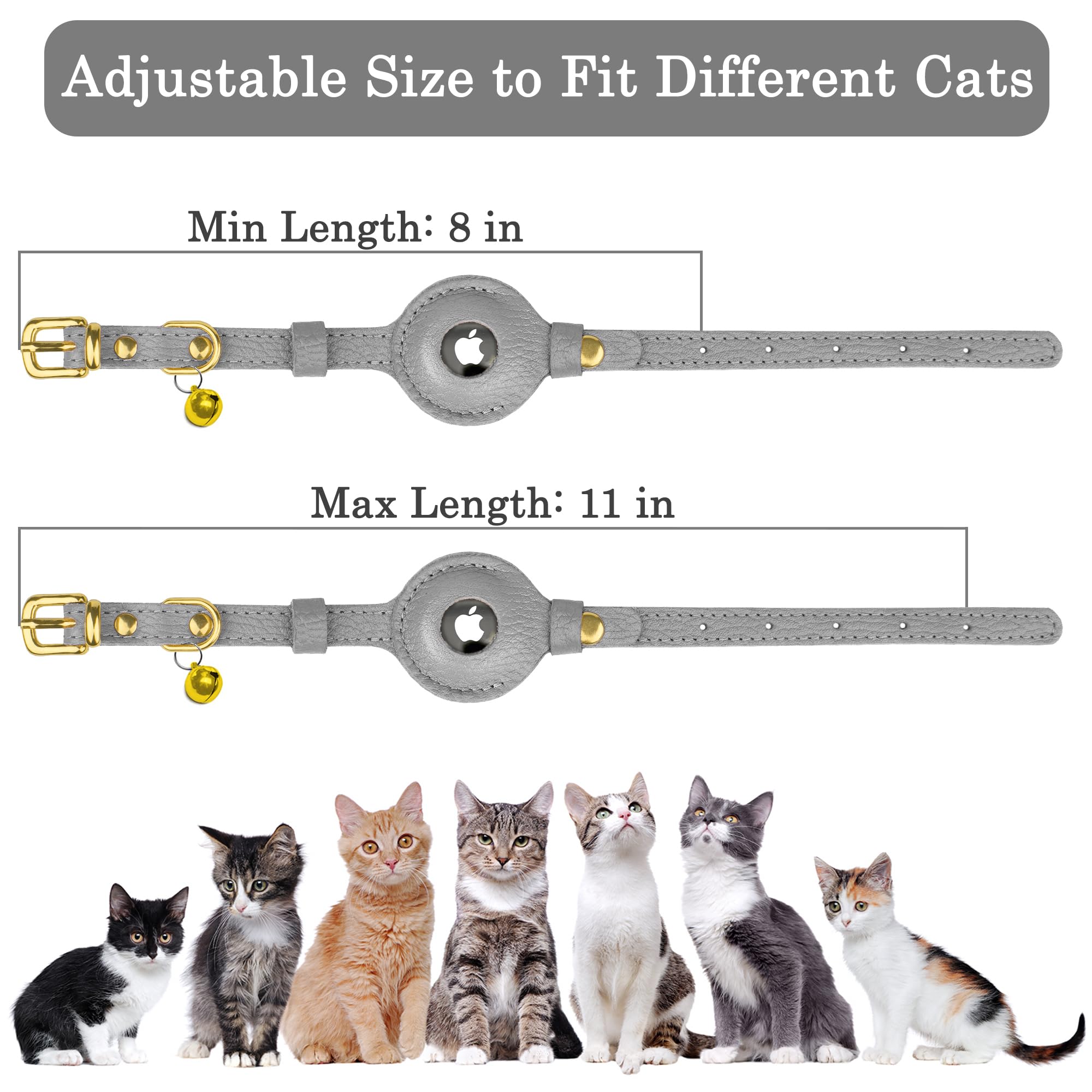 Oopsdoggy Leather Airtag Cat Collar With Bell - Non Breakaway Kitten Collar With Apple Air Tag Holder - Lightweight Gps Pet Coll